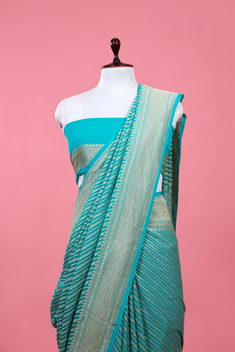 Sky Blue Striped Woven Geogette Khaddi Silk Saree - Chinaya Banaras