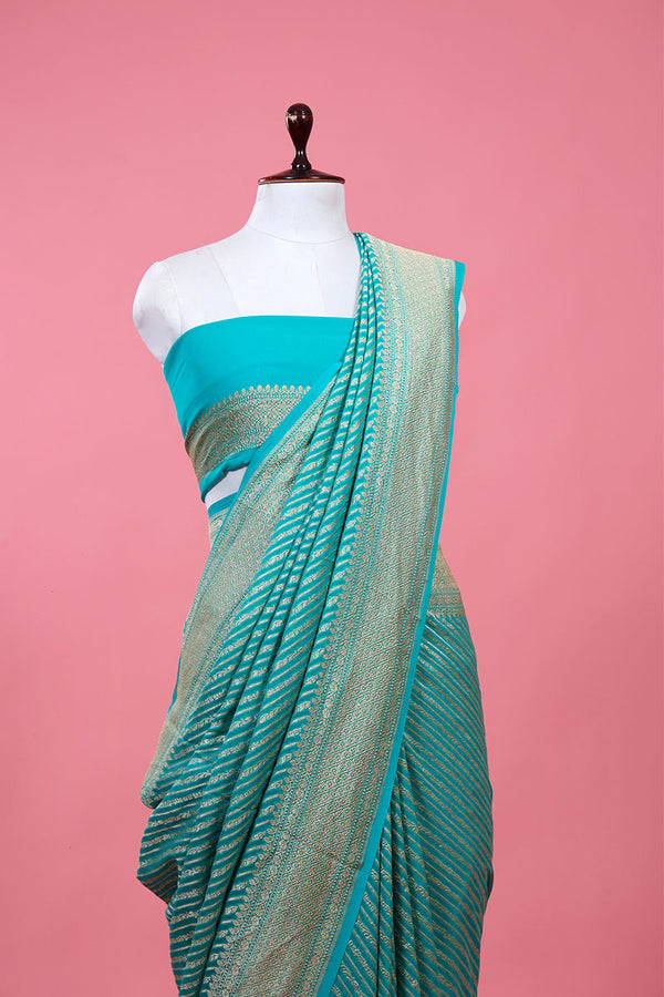 Sky Blue Striped Woven Geogette Khaddi Silk Saree - Chinaya Banaras