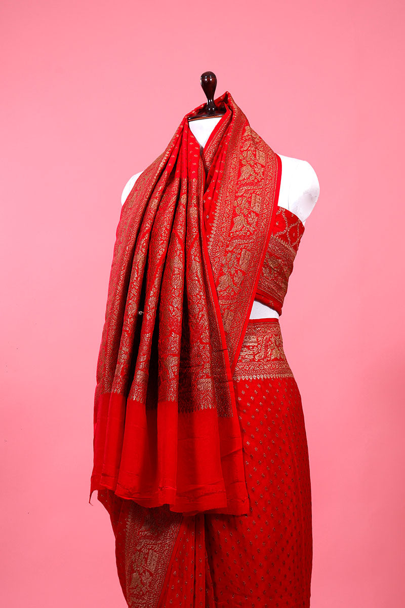 Red Ethnic Woven Crepe Khaddi Silk Saree - Chinaya Banaras