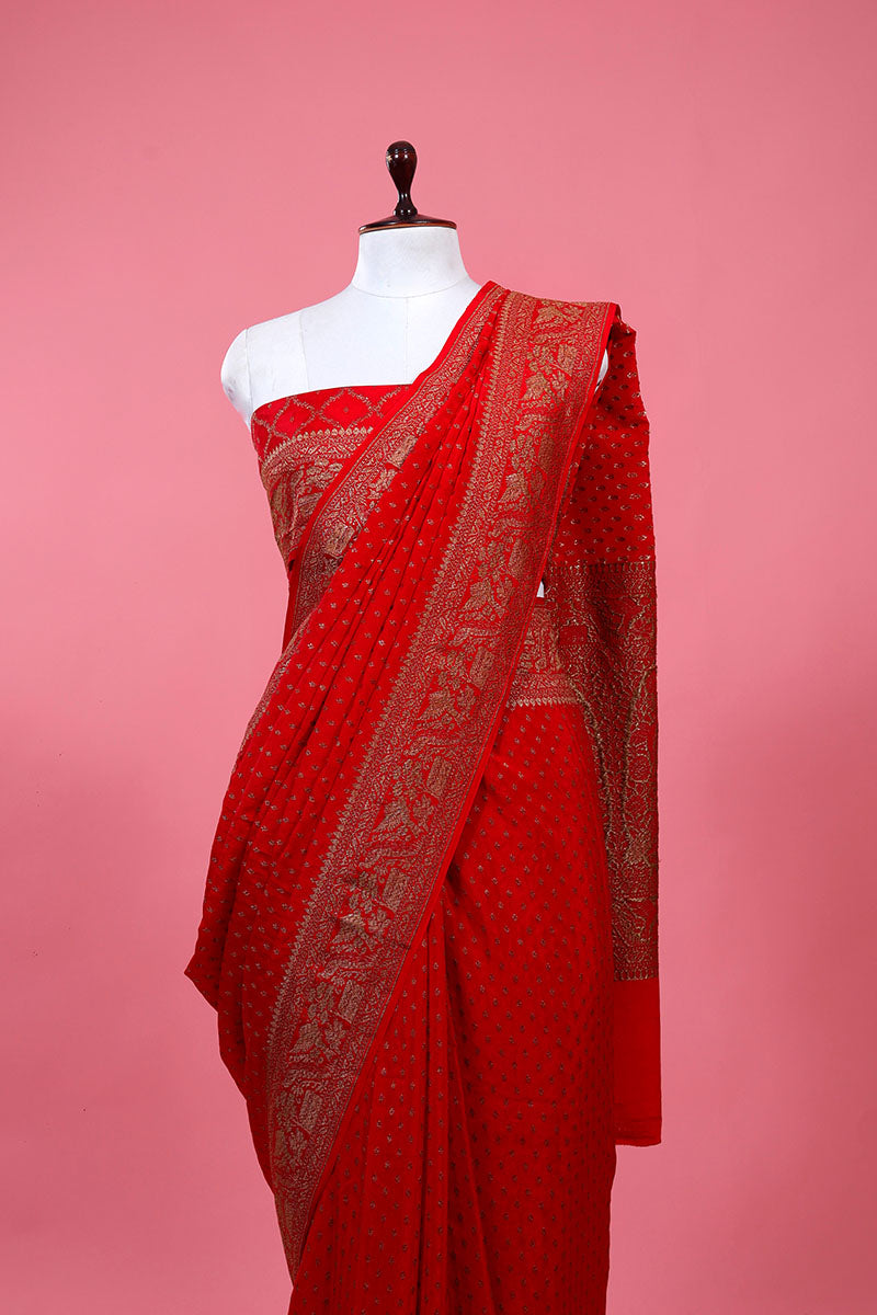 Red Ethnic Woven Crepe Khaddi Silk Saree - Chinaya Banaras
