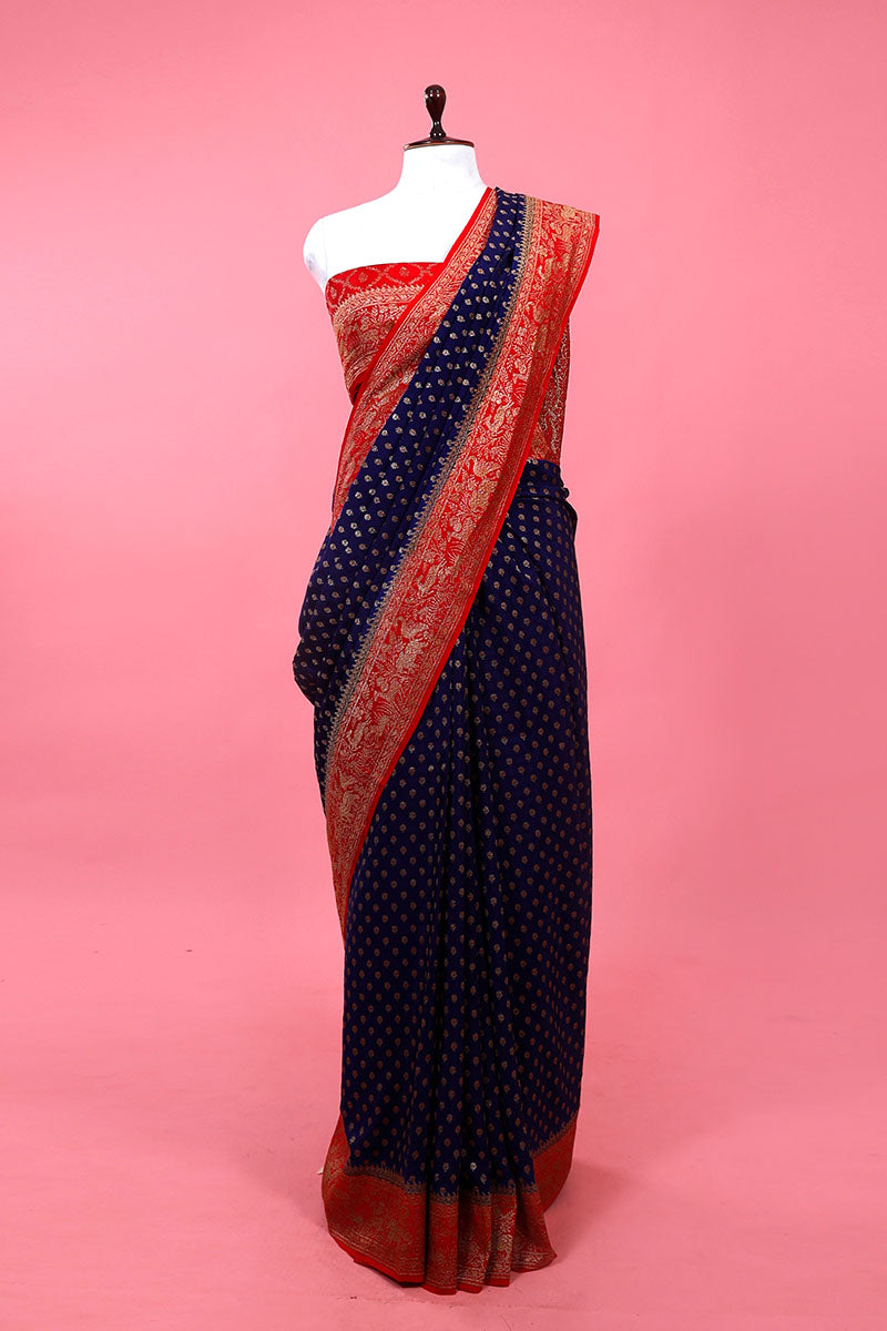 Blue Ethnic Woven Crepe Khaddi Silk Saree At Chinaya Banaras