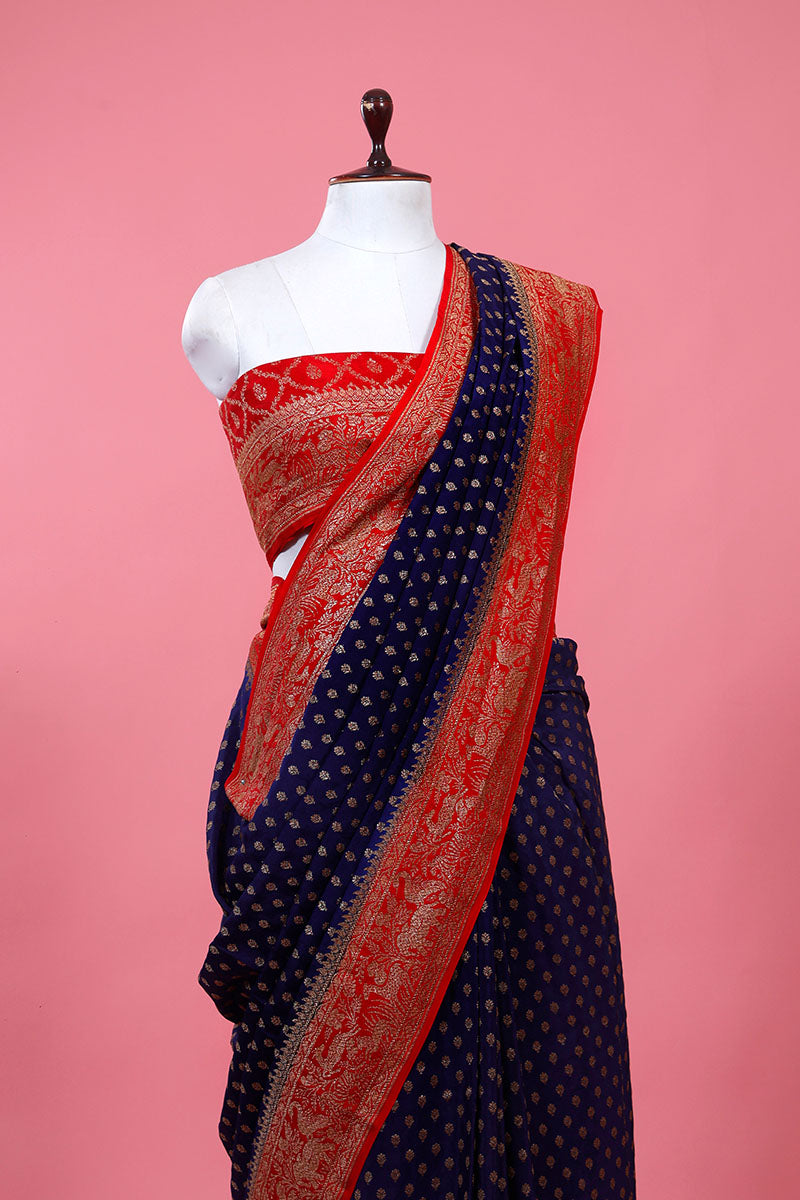 Royal Blue Ethnic Woven Crepe Khaddi Silk Saree - Chinaya Banaras