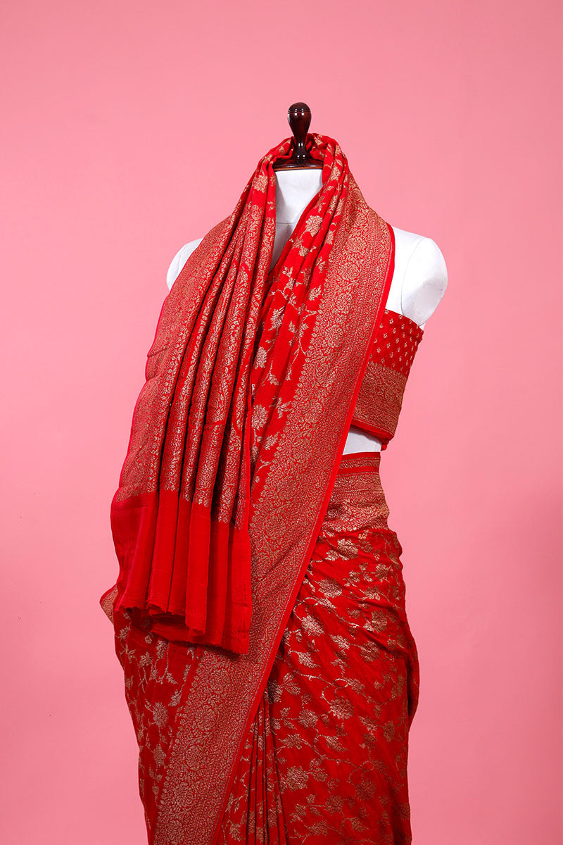 Red Floral Jaal Woven Crepe Khaddi Silk Saree - Chinaya Banaras