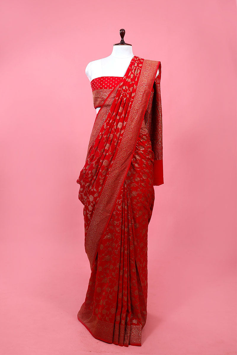 Red Woven Crepe Khaddi Silk Saree At Chinaya Banaras
