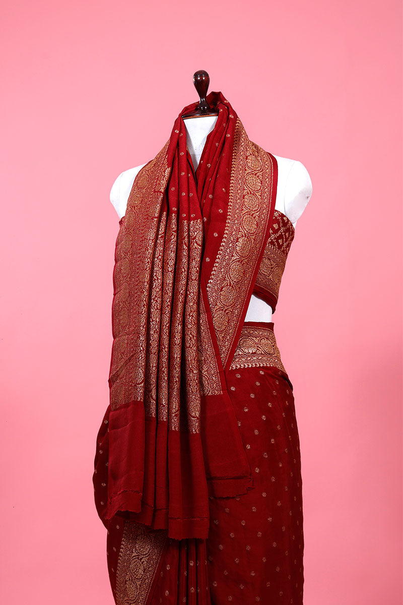 Maroon Ethnic Woven Crepe Khaddi Silk Saree - Chinaya Banaras