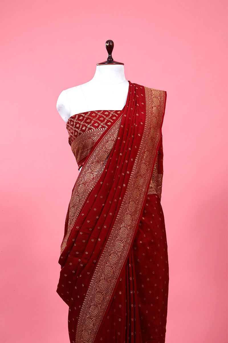 Maroon Ethnic Woven Crepe Khaddi Silk Saree - Chinaya Banaras