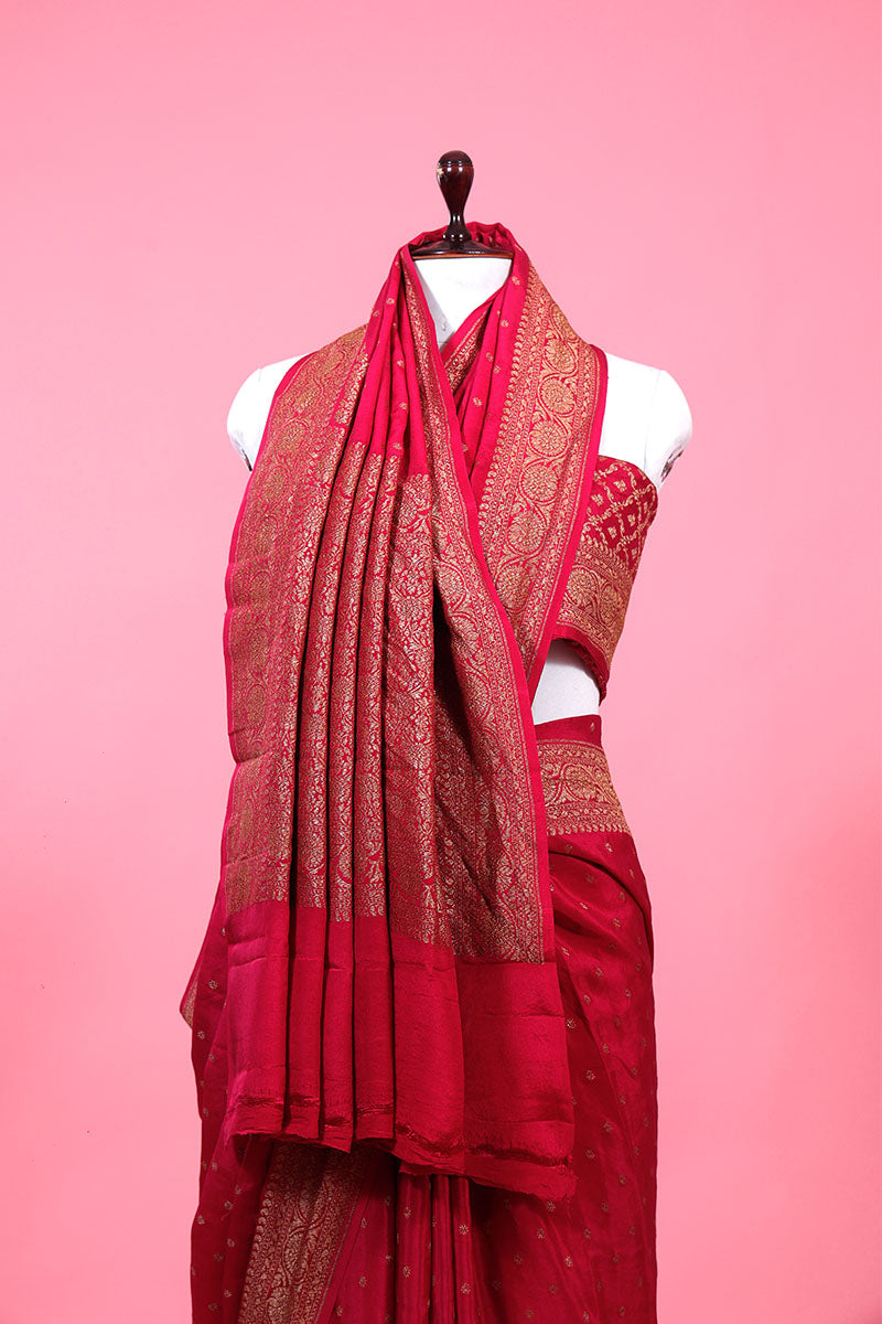 Dark Magenta Ethnic Woven Crepe Khaddi Silk Saree - Chinaya Banaras