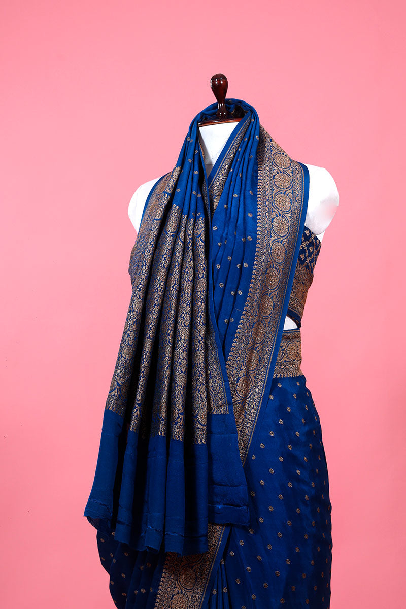 German Blue Ethnic Woven Crepe Khaddi Silk Saree - Chinaya Banaras