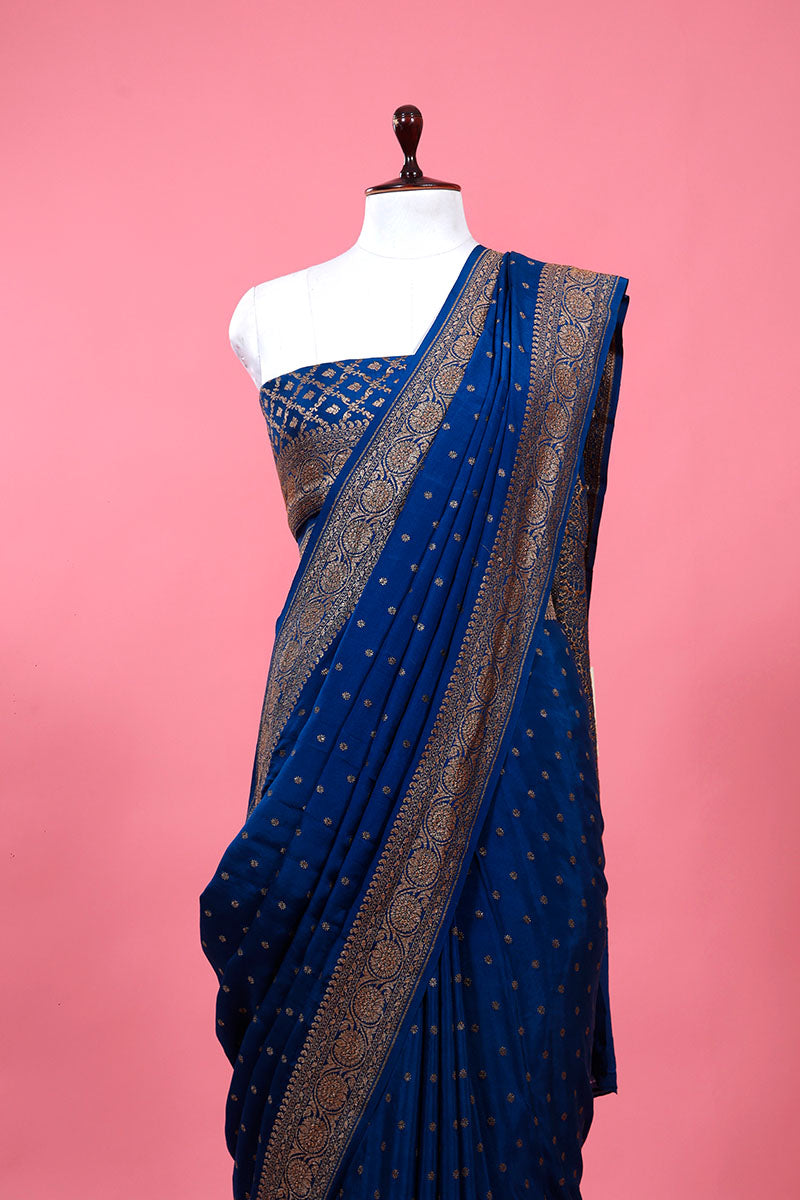 German Blue Ethnic Woven Crepe Khaddi Silk Saree - Chinaya Banaras