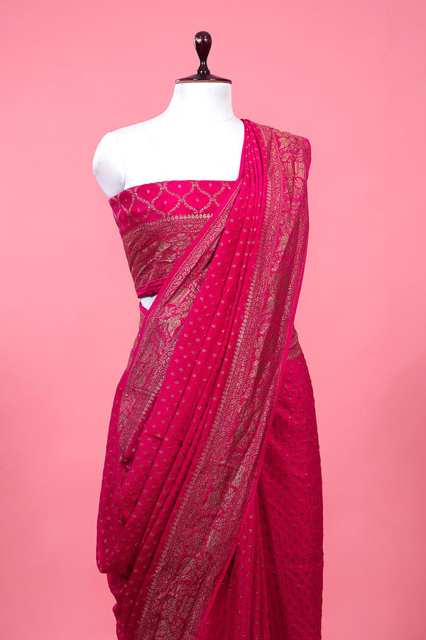 Magenta Pink Ethnic Woven Crepe Khaddi Silk Saree' - Chinaya Banaras