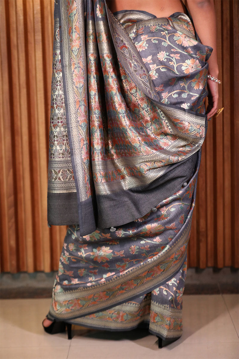 Charcoal Grey Floral Jaal Woven Tussar Khaddi Silk Saree - Chinaya Banaras