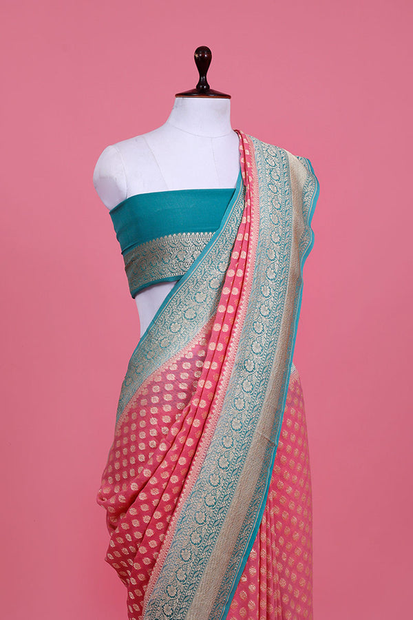 Peach Ethnic Woven Georgette Khaddi Silk Saree - Chinaya Banaras