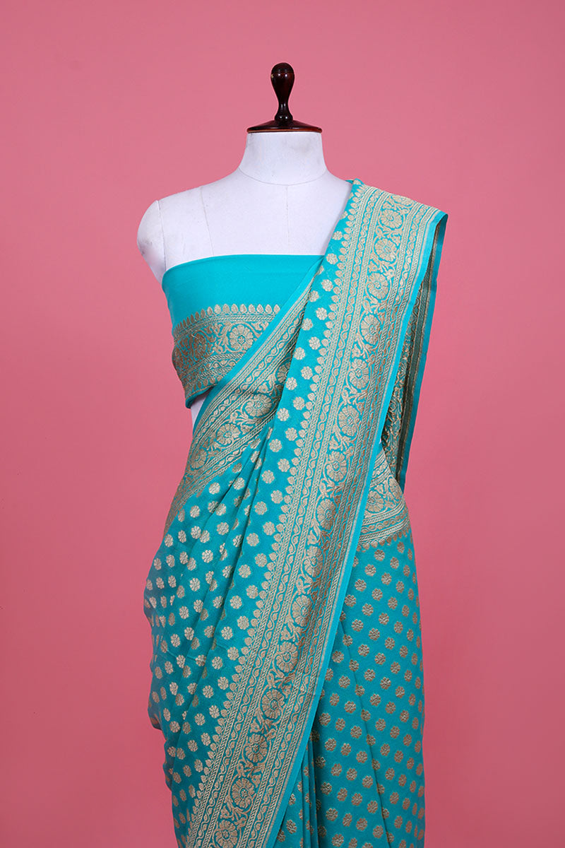 Sky Blue Ethnic Woven Georgette Khaddi Silk Saree - Chinaya Banaras
