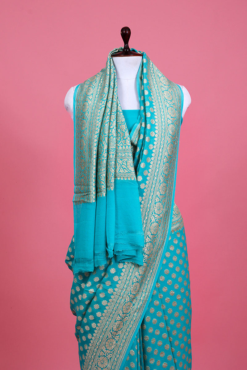 Sky Blue Ethnic Woven Georgette Khaddi Silk Saree - Chinaya Banaras
