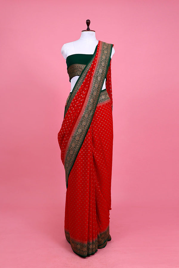 Red Handwoven Georgette Silk Saree By Chinaya Banaras