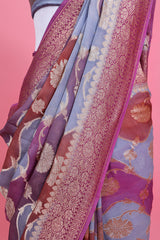 Grey Rangkat Floral Jaal Handwoven Georgette Khaddi Silk Saree - Chinaya Banaras
