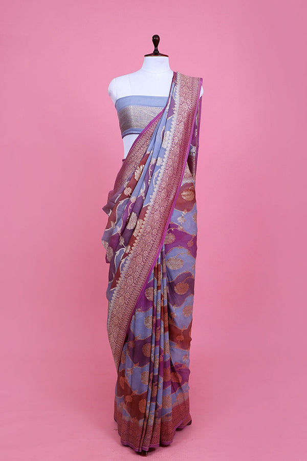 Grey Rangkat Handwoven Georgette Silk Saree By Chinaya Banaras