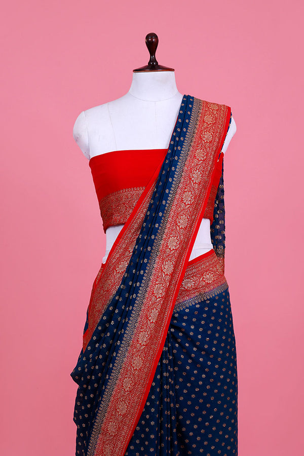 German Blue Ethnic Handwoven Georgette Khaddi Silk Saree - Chinaya Banaras