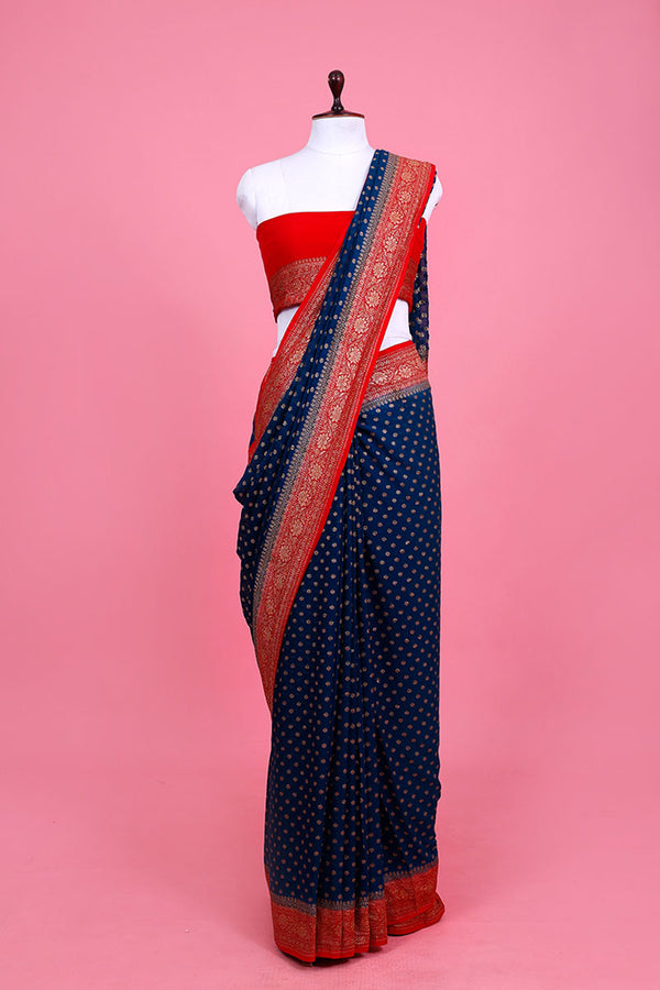 German Blue Ethnic Handwoven Georgette Khaddi Silk Saree - Chinaya Banaras