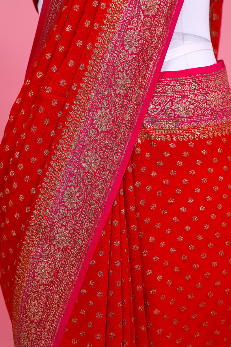 Red Ethnic Handwoven Georgette Khaddi Silk Saree - Chinaya Banaras