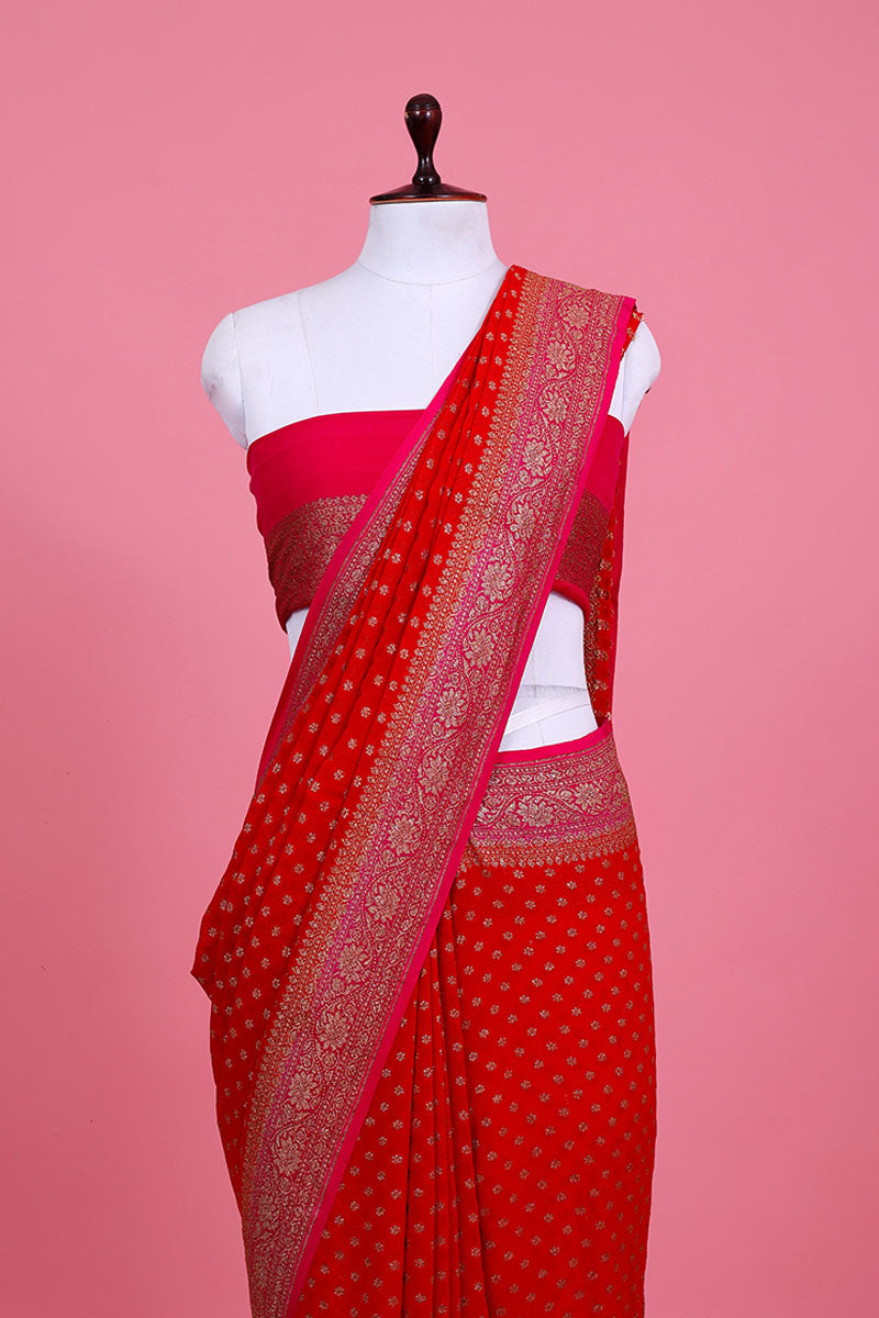 Red Ethnic Handwoven Georgette Khaddi Silk Saree - Chinaya Banaras