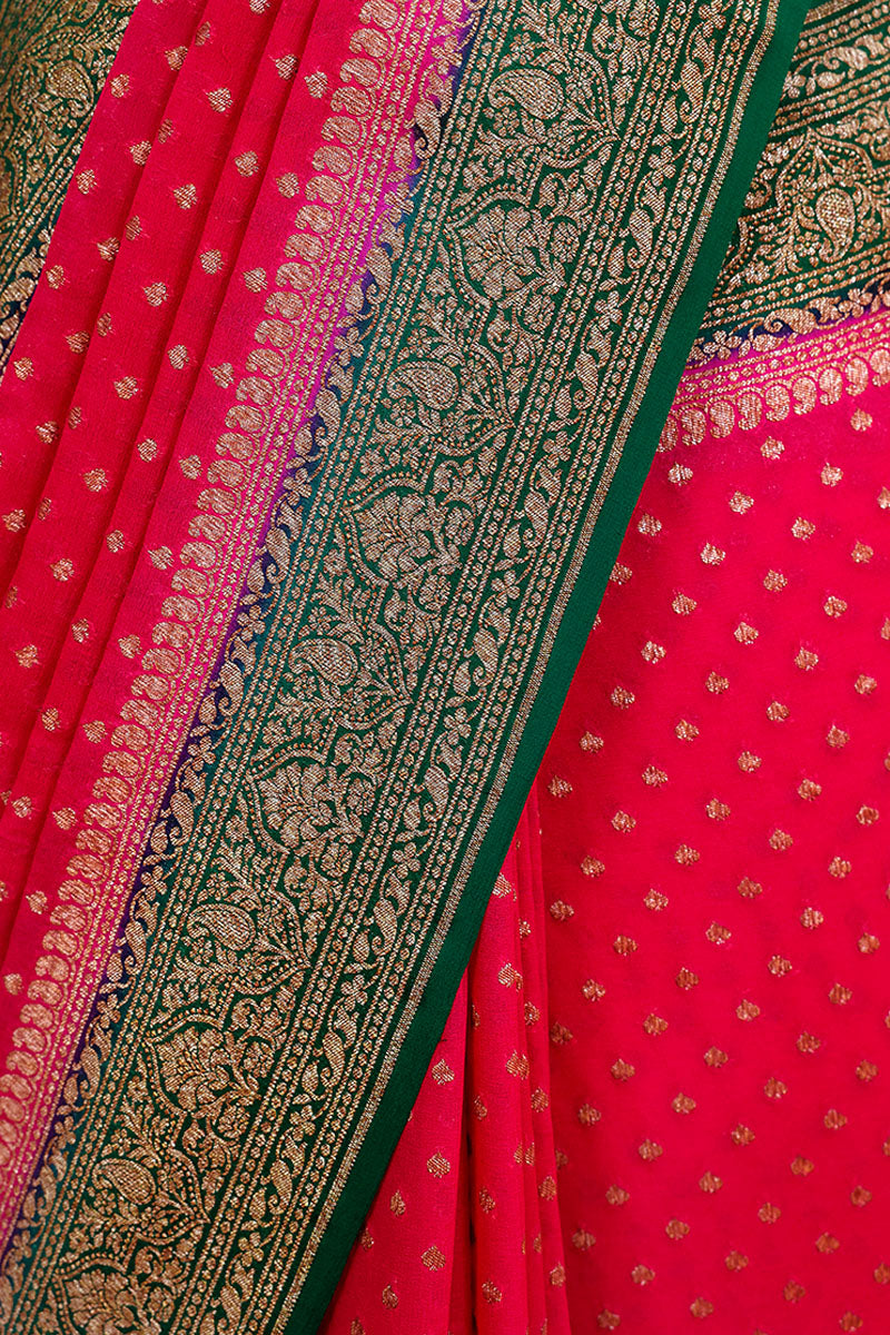 Magenta Pink Ethnic Handwoven Georgette Khaddi Silk Saree - Chinaya Banaras