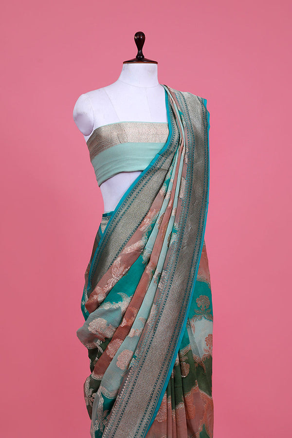 Sea Green Rangkat Floral Jaal Handwoven Georgette Khaddi Silk Saree - Chinaya Banaras