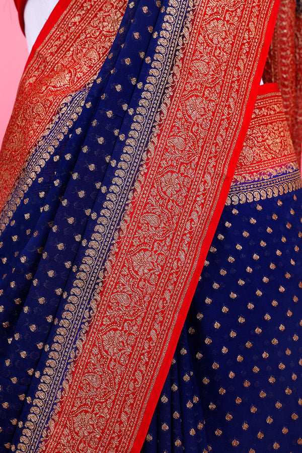 Royal Blue Ethnic Handwoven Georgette Khaddi Silk Saree - Chinaya Banaras