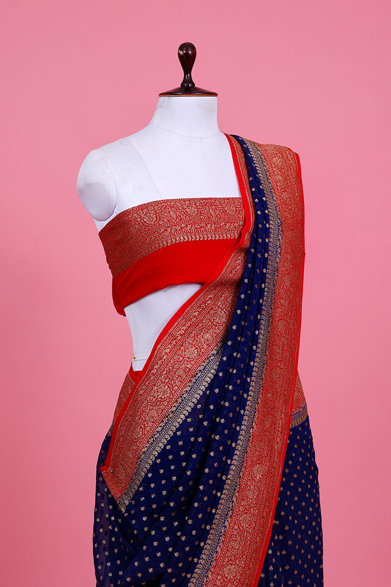 Royal Blue Ethnic Handwoven Georgette Khaddi Silk Saree - Chinaya Banaras