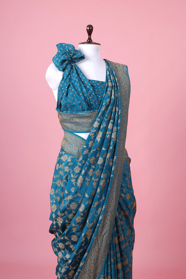 Teal Blue Floral Jaal Handwoven Crepe Khaddi Silk Saree - Chinaya Banaras