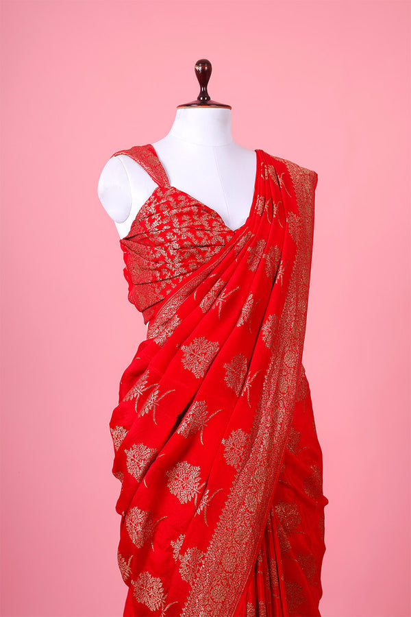 Red Ethnic Handwoven Crepe Khaddi Silk Saree - Chinaya Banaras