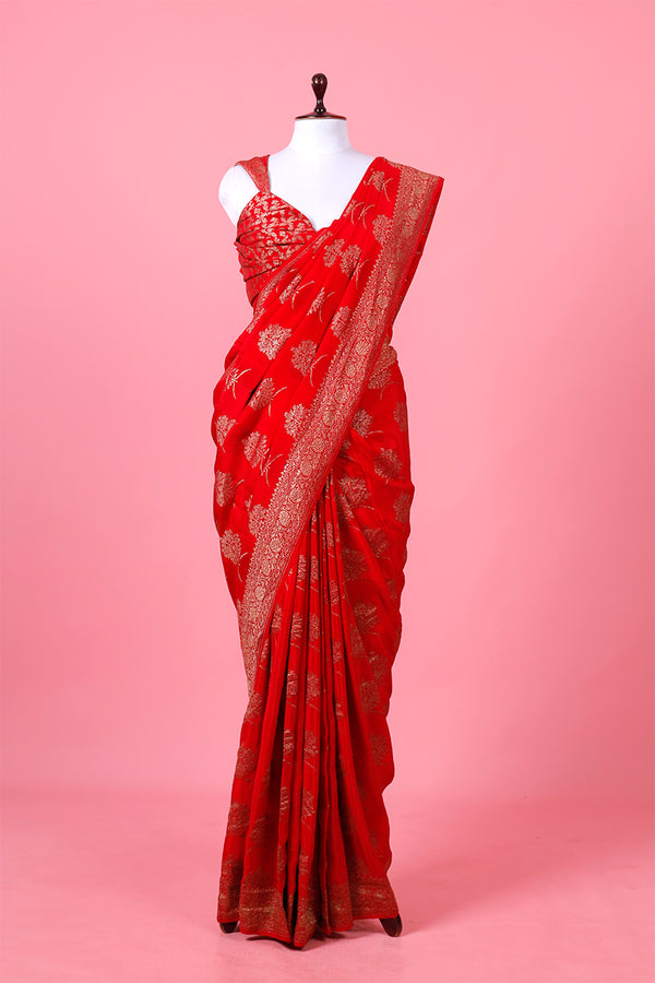 Red Handwoven Crepe Silk Saree By Chinaya Banaras