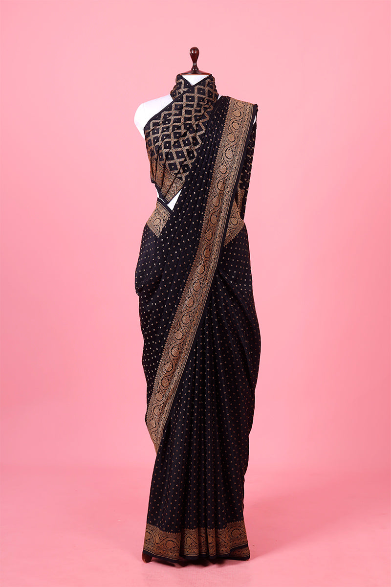 Black Handwoven Crepe Silk Saree By Chinaya Banaras