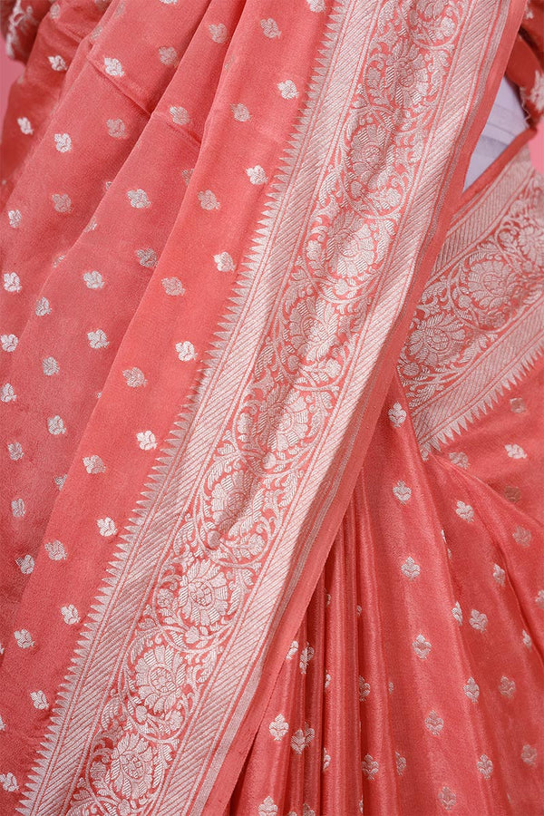 Coral Peach Ethnic Handwoven Crepe Khaddi Silk Saree