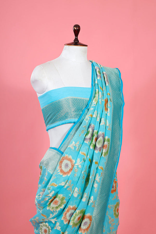 Sky Blue Floral Jaal Handwoven Georgette Khaddi Silk Saree