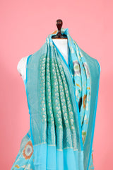 Sky Blue Floral Jaal Handwoven Georgette Khaddi Silk Saree