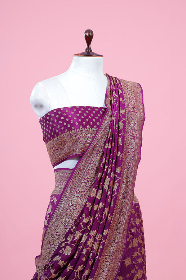 Deep Purple Floral Jaal Woven  Crepe Khaddi Silk Saree