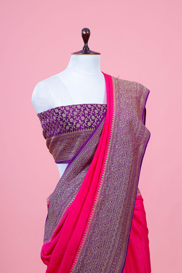 Fuscia Pink Ethnic Woven Crepe Khaddi Silk Saree