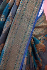 Navy Blue Rangkat Handwoven Tussar Khaddi Silk Saree