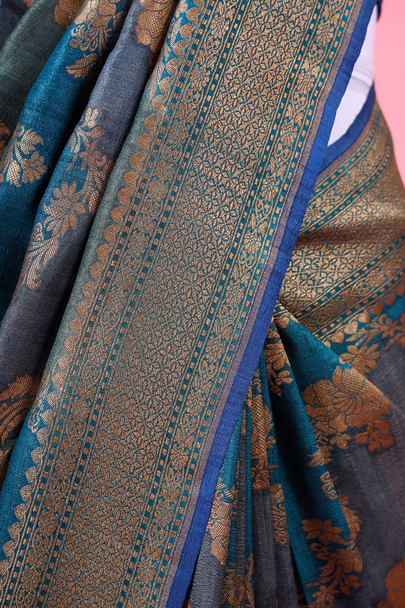 Navy Blue Rangkat Handwoven Tussar Khaddi Silk Saree