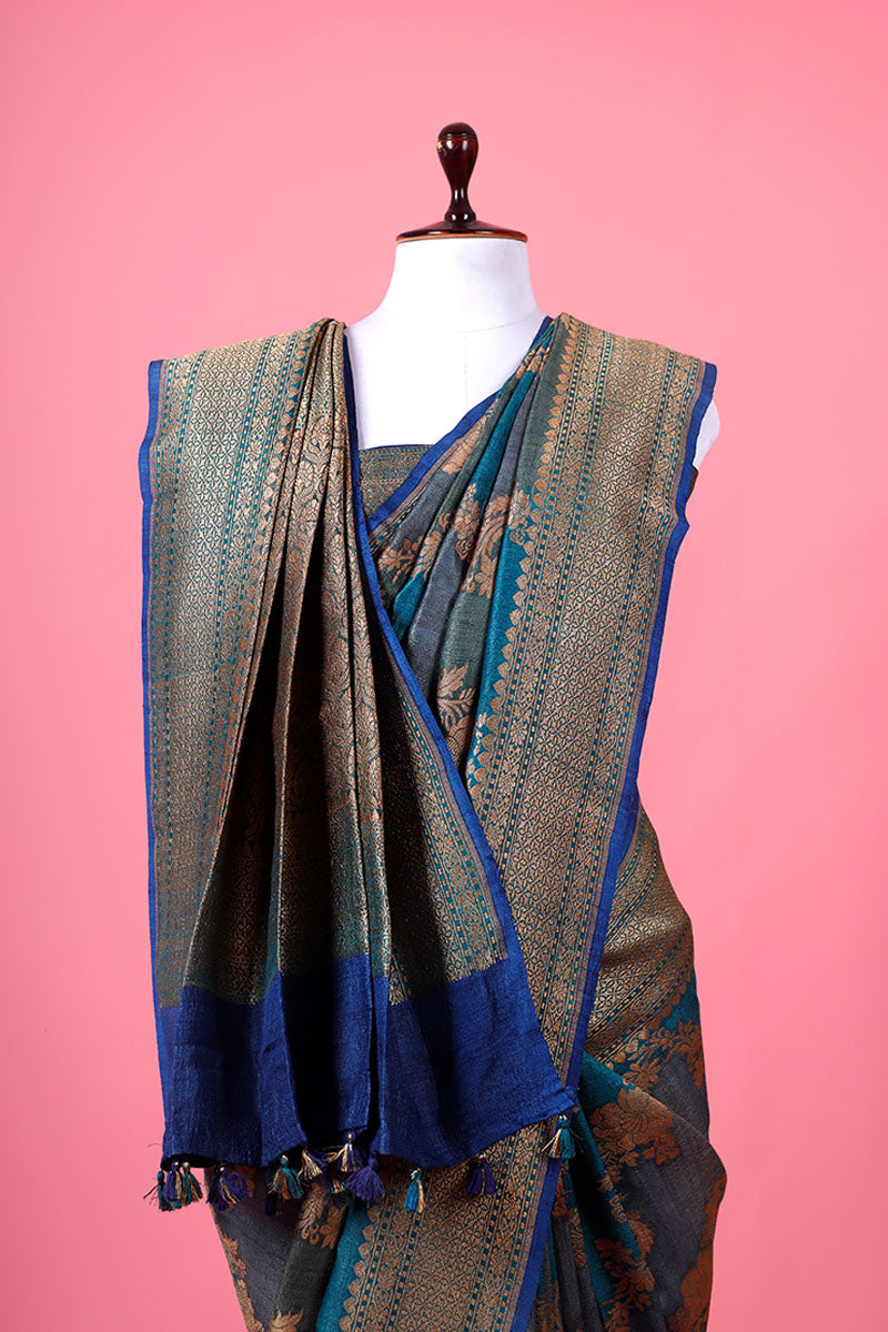 Navy Blue Rangkat Handwoven Tussar Khaddi Silk Saree