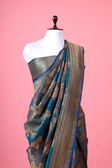 Navy Blue Rangkat Handwoven Tussar Khaddi Silk Saree