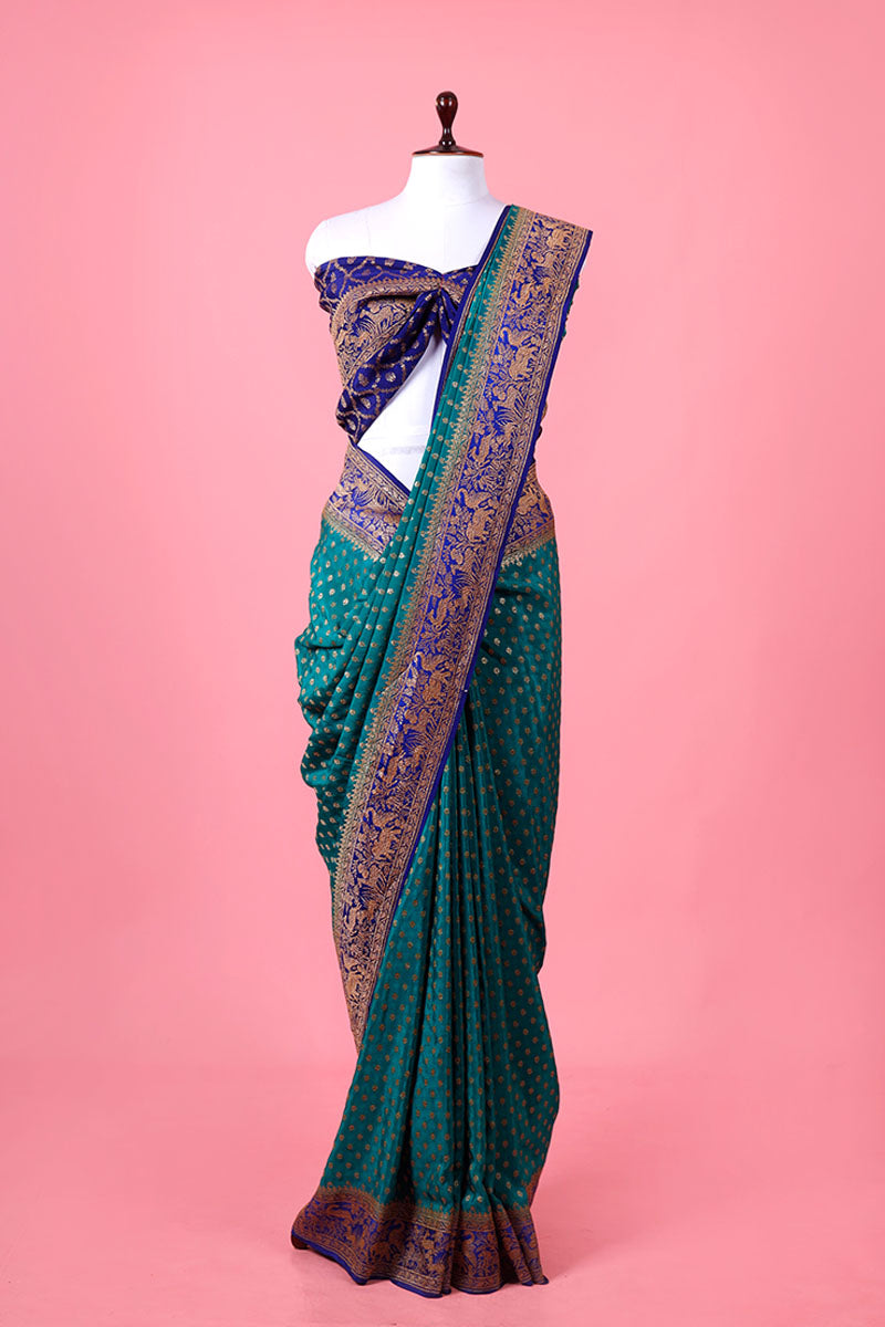 Crepe Saree, Crepe silk saree, silk saree, teal saree, wedding saree, party wear saree​