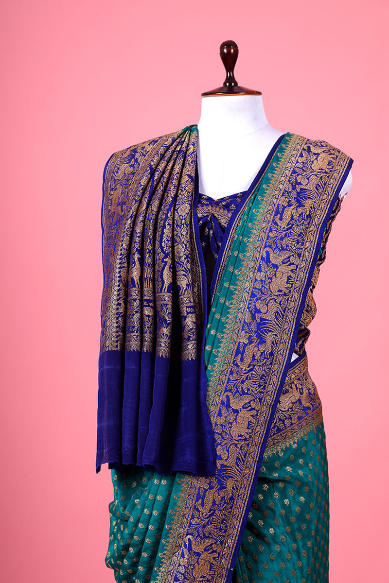Teal Blue Ethnic Woven Crepe Saree