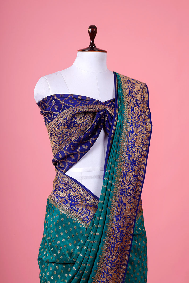 Teal Blue Ethnic Woven Crepe  Khaddi Silk Saree