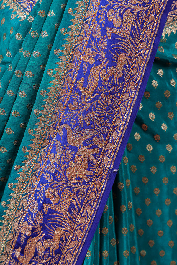 Teal Blue Ethnic Woven Crepe  Khaddi Silk Saree