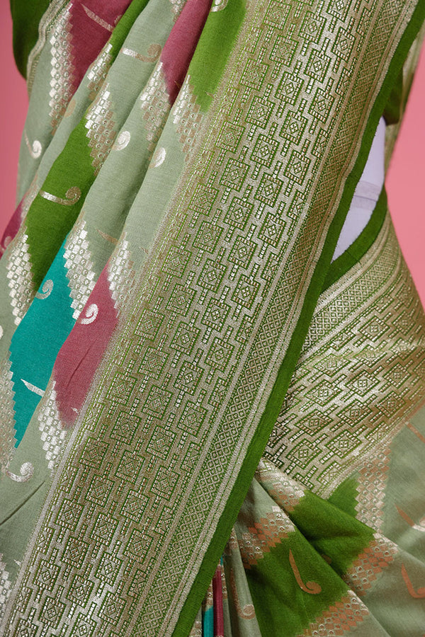 Parrot Green Rangkat Handwoven Tussar Khaddi Silk Saree