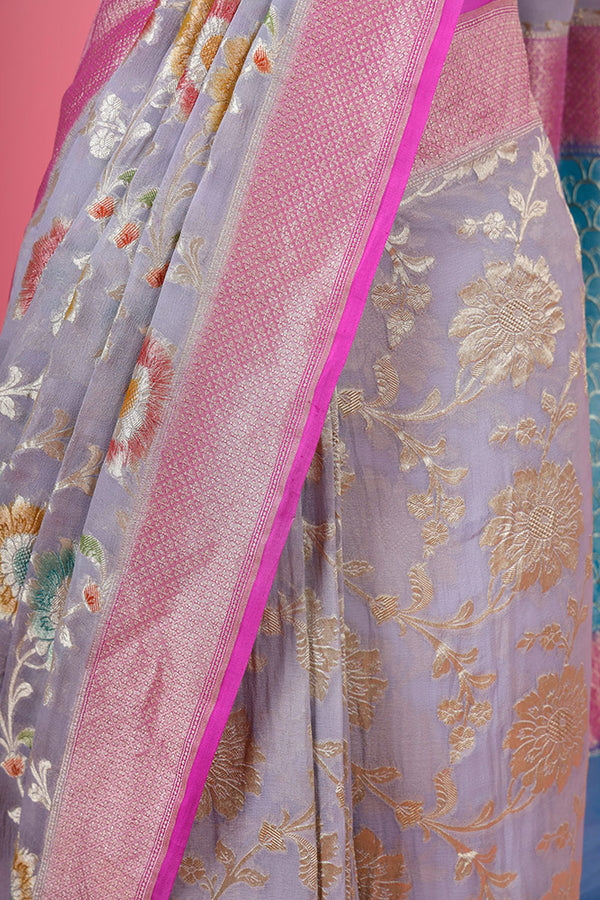 Grey & Pink Floral Jaal Woven Georgette Khaddi Silk Saree