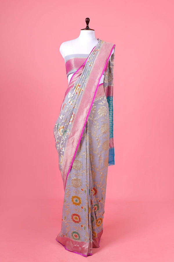 Grey & Pink Georgette Silk Saree By Chinaya Banaras