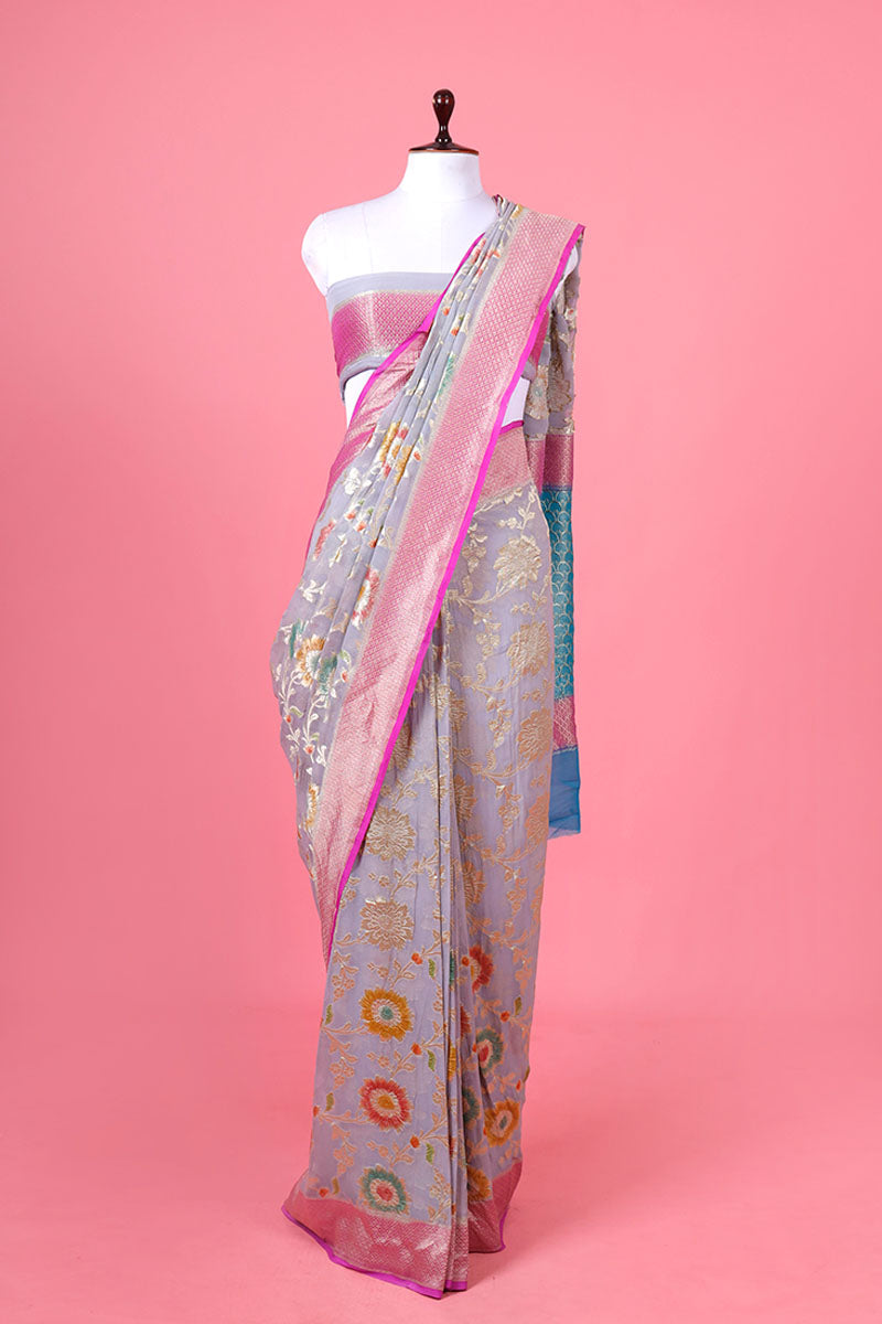 Grey & Pink Georgette Silk Saree By Chinaya Banaras